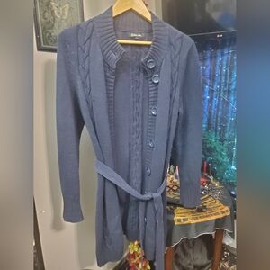 Cozy navy Dalia button down cardigan with belt and braiding details size Large